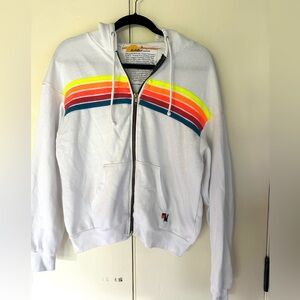 Aviator Nation 5 Stripe Relaxed Zip Hoodie Size S White/Neon Rainbow